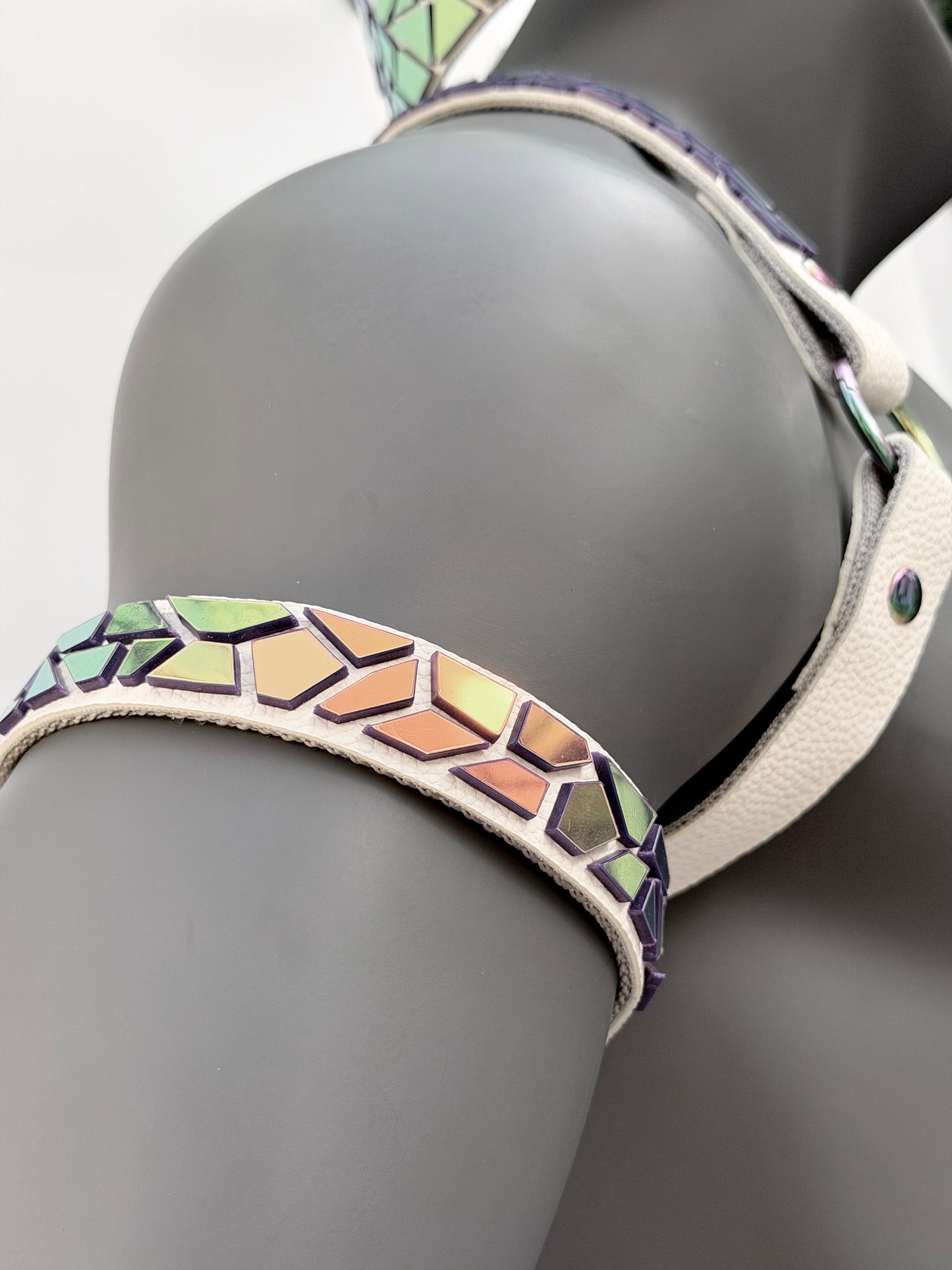 Harness Set - Rainbow Hematite Tile on White Leather