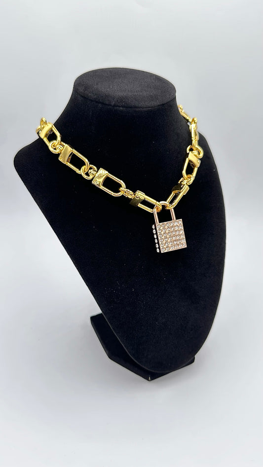 Gold Rhinestone Padlock Necklace