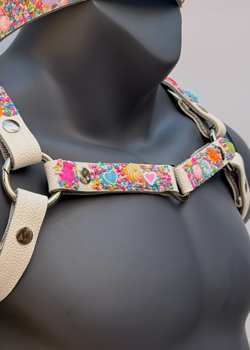 Harness Set - Candy Sprinkles on White Leather