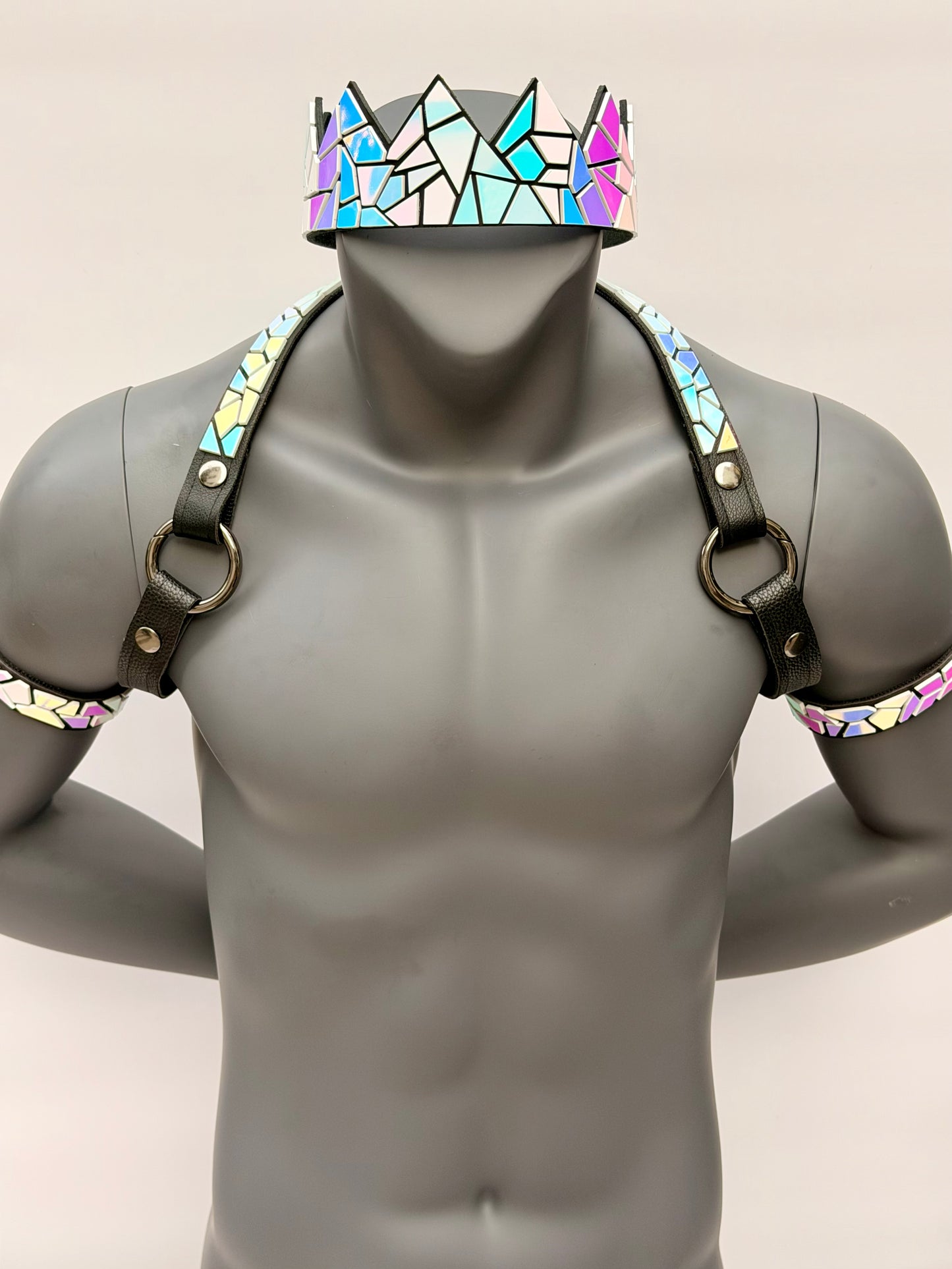 Harness Set - Iridescent Moonstone Tile on Black Leather