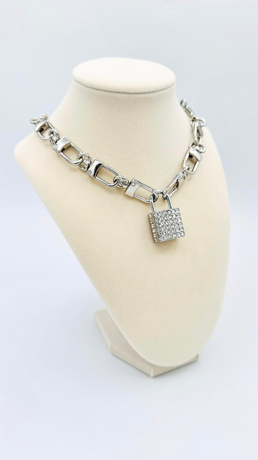 Silver Rhinestone Padlock Necklace