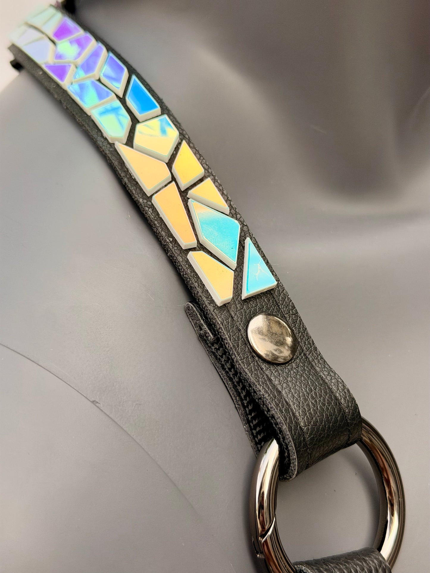 Harness Set - Iridescent Moonstone Tile on Black Leather