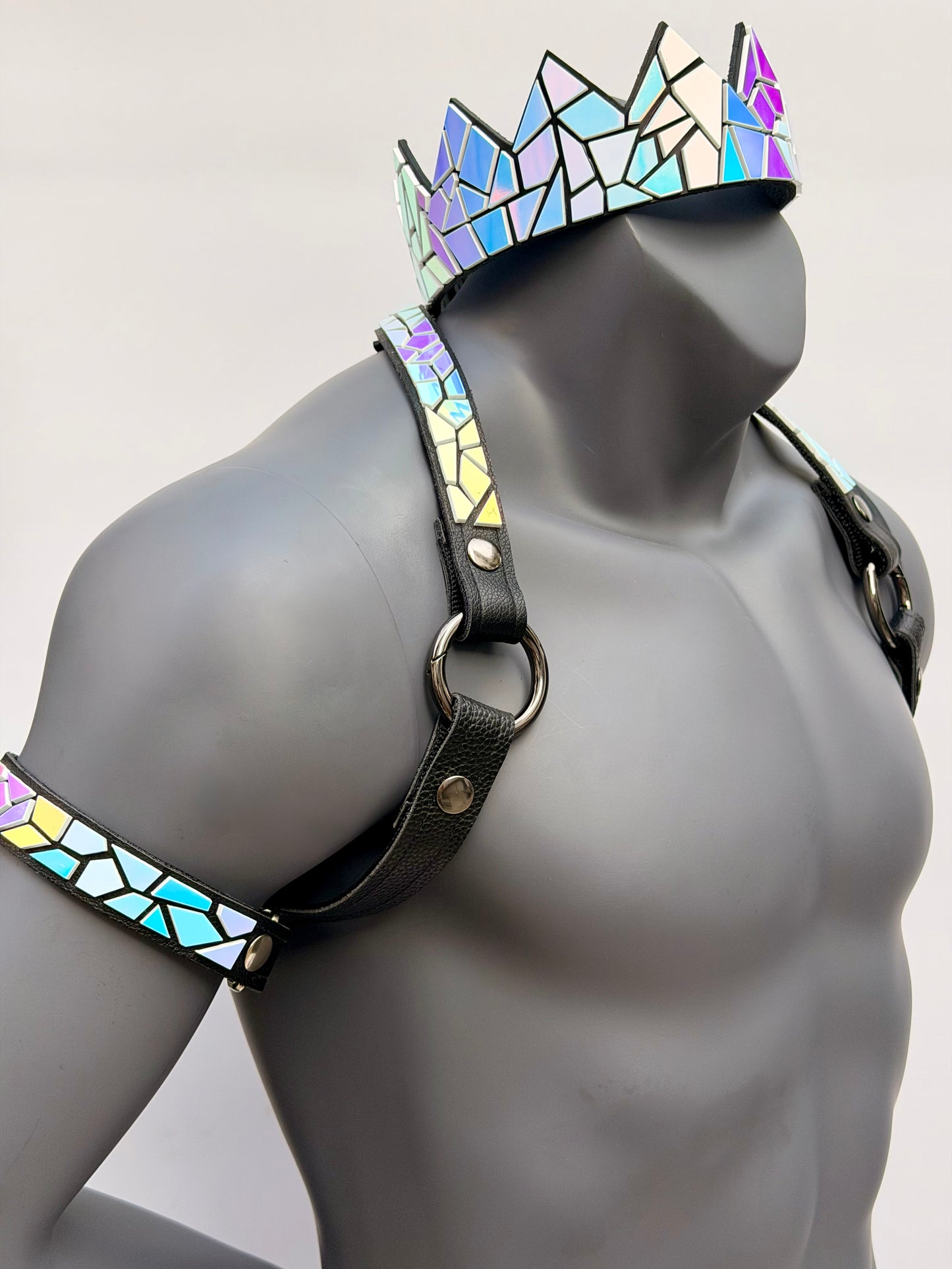 Harness Set - Iridescent Moonstone Tile on Black Leather