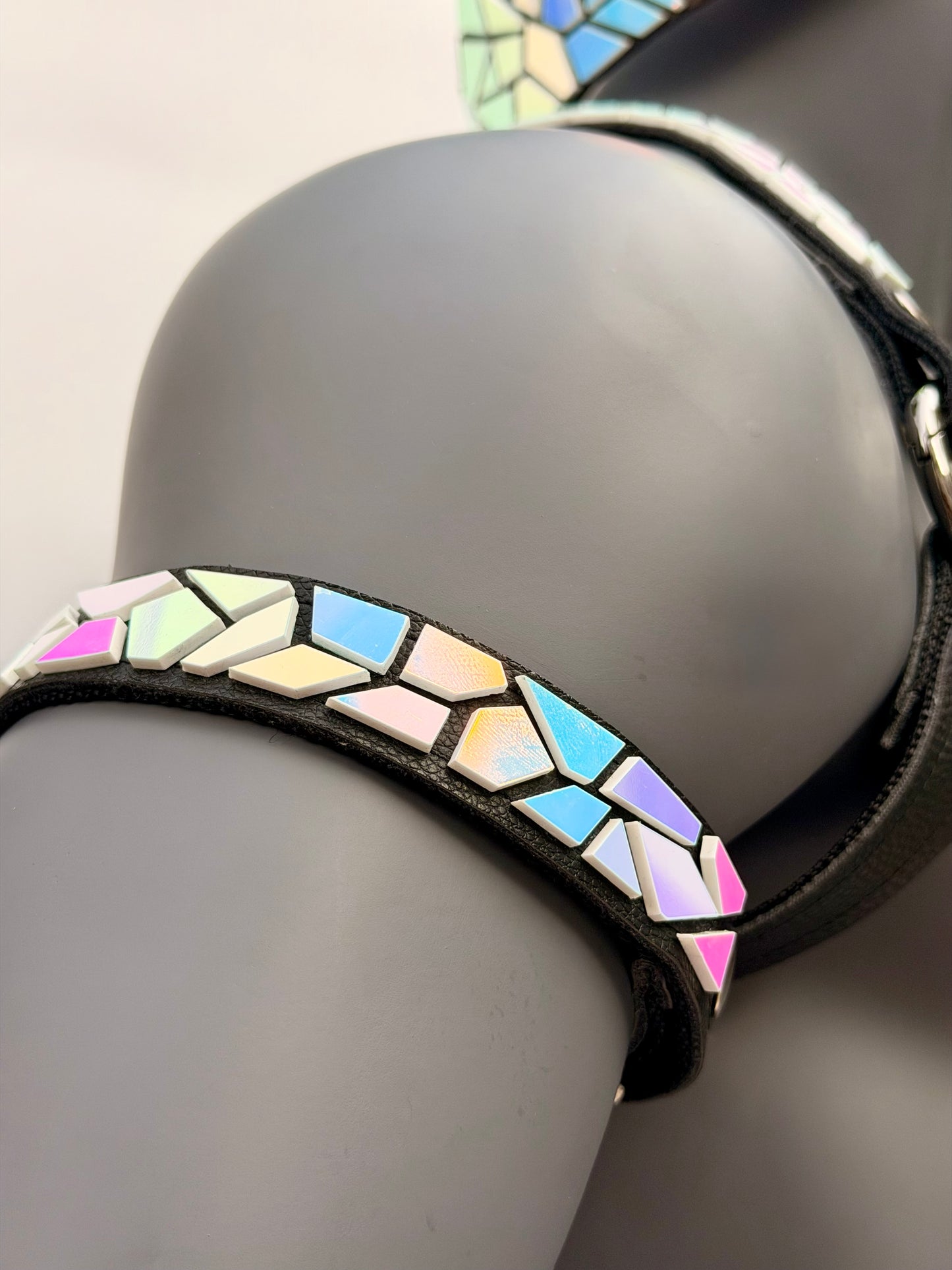 Harness Set - Iridescent Moonstone Tile on Black Leather