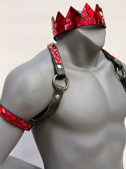 Harness Set - Ruby Red Tile on Black Leather